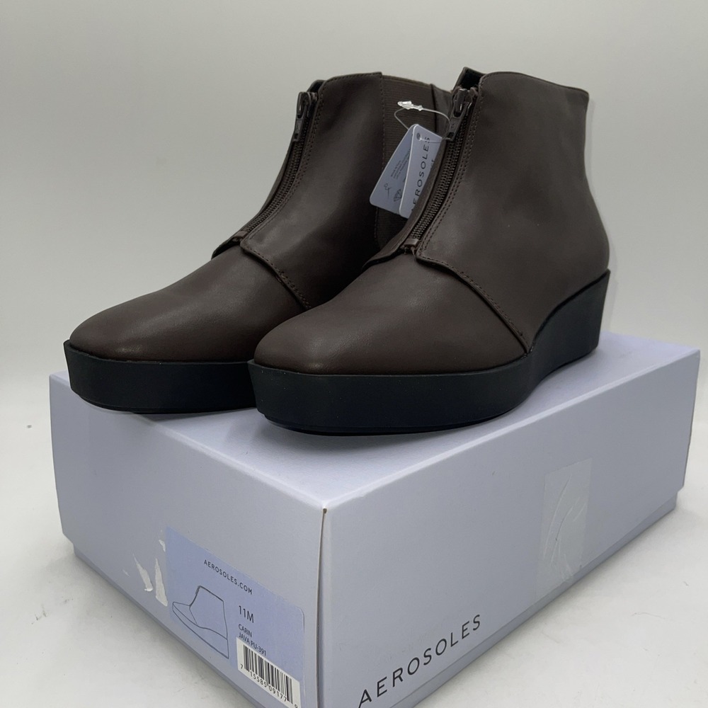 Aerosoles Carin Ankle Boot Women 11M Java Solid Wedge Front Zip Comfort